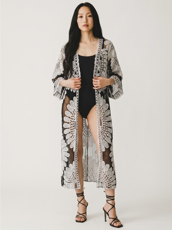 Rebellion Other - Black & White Embroidered Swim Cover-Up Kimono
